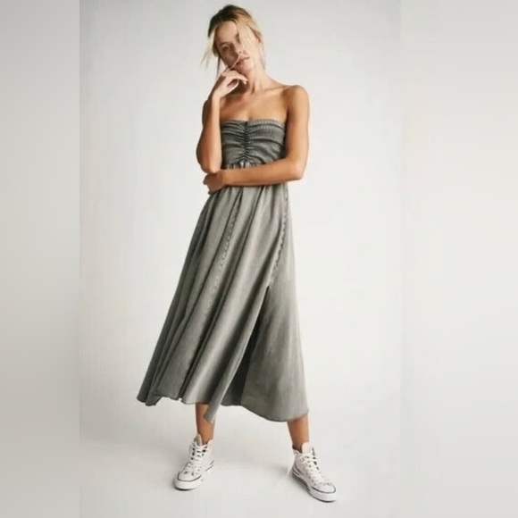 FP One cotton stretchy Gray Strapless Dress Sz S A line midi - Picture 1 of 11